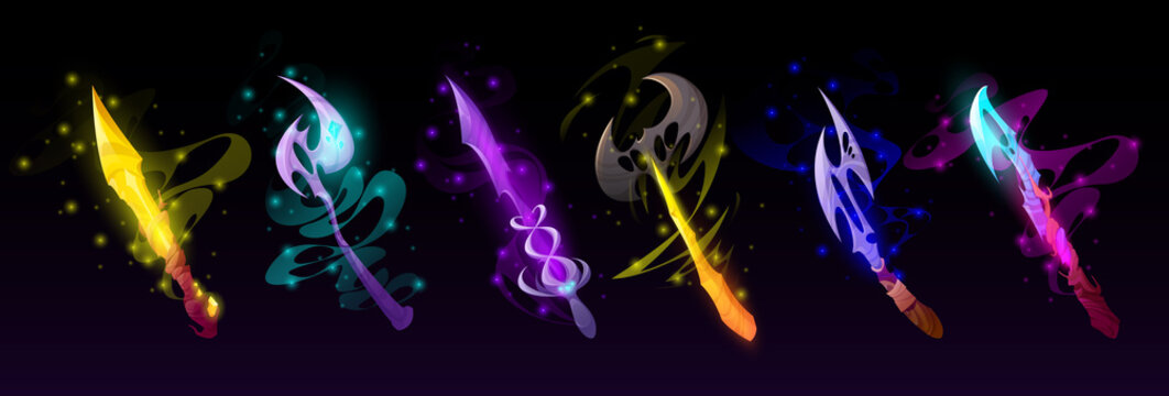 Magic swords, hatchets and knives for game interface. Vector cartoon set of fantasy metal weapon, longswords and blades with gems and mystic light isolated on black background