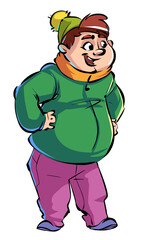 Cartoon fat happy man with a big belly. A full funny man in a confident pose. A dark-haired young man in a hat, scarf and jacket.