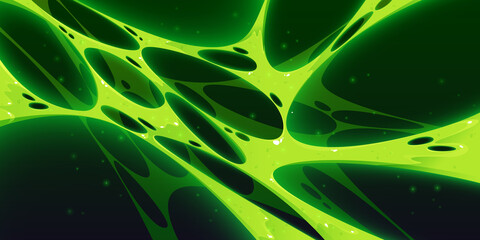 Slime background, green toxic stretches of ooze with holes and glow particles around. Mucus, creepy goo, sticky liquid snots on dark backdrop, radioactive Halloween design Cartoon vector illustration © klyaksun