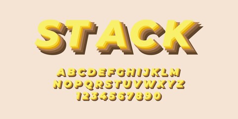yellow color stack text alphabet font effect with flat color