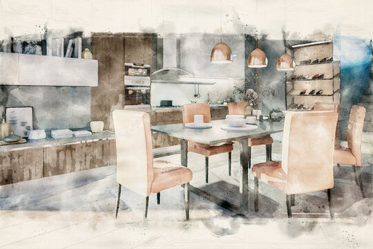 Cute Open Area Kitchen - Watercolor Collection