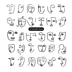 Faces doodle set. Line human face. Hand-drawn Woman face. Stamp for nails.