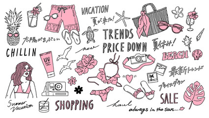 水着と小物のベクターイラスト素材 Swimsuit, shell, Polaroid, Hibiscus, word and beach motifs vector illustrations.