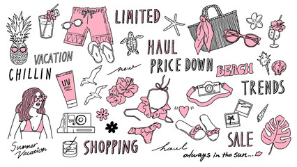 Swimsuit, shell, Polaroid, Hibiscus, word and beach motifs vector illustrations. 水着と小物のベクターイラスト素材 