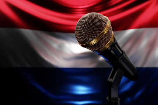 Microphone on the background of the National Flag of Netherlands, realistic 3d illustration. music award, karaoke, radio and recording studio sound equipment