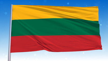 Waving National Flag Of Lithuania In The Wind With Pole On Cloudy Fog Glitter Air particles Flying Blue Sky 3D Rendering