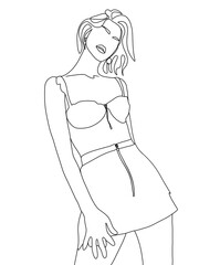 A portrait of a woman is drawn in one line art style. Body expression. Printable art.