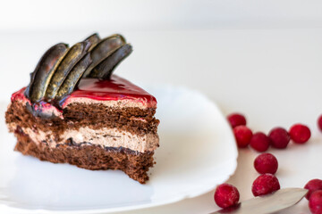 A piece of chocolate cake with cherries. Cake side view on a white background. Copy space.