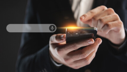 SEO Search Engine Optimization, online Internet browsing web, digital content concept. Businessman using laptop to search for information on the internet