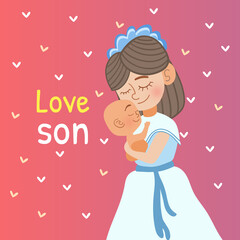 Mom hugging her born baby, mom holding newborn vector, mom sleeping her child tenderly