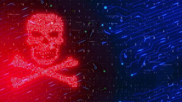 Digital virus skull and crossbones on binary code data theft Digital Background. HACKED. Online Data Breach. Skull Sign Binary Programming Code. Hacker News. Network DDOS Cyber Crime Concept.