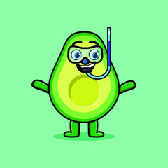 Cute cartoon avocado diver with swimming glass in 3d modern style design