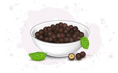 A bowl full of dried black pepper seeds vector illustration with mint leaves isolated on white background