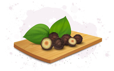 Black pepper seeds vector illustration with black pepper green leaves on wooden chopping board