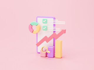 Smartphone and analyze chart graph growing strategy marketing business and finance concept on pink background 3d rendering