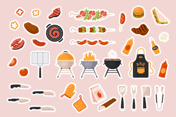 BBQ grill food stickers set for social media chat or sms isolated vector illustration. Cartoon pig and cow barbecue sausages, kebab menu to eat on picnic party, cooking tools. Fastfood concept