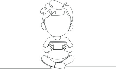 Continuous line drawing of kid use smartphone and play the game. Vector illustration.