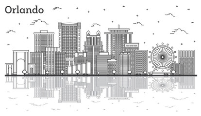 Outline Orlando Florida City Skyline with Modern Buildings and Reflections Isolated on White.