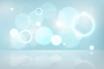 Blue background with circles and flash light effects vector illustration. Realistic advertising trendy backdrop for product presentation, shine of bubbles of round shape on wall and mirror on floor