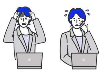 スーツ姿のビジネスウーマンがパソコンの前に座る表情バリエーションの白背景に線画のシンプルなイラスト