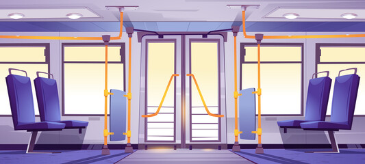 Empty bus interior with seats and handrails. Vector cartoon illustration of public transport cabin inside, passenger vehicle with blue chairs, doors and windows © klyaksun