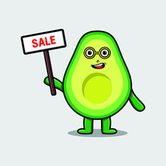 Cute cartoon avocado character holding sale sign designs in concept 3d cartoon style