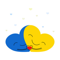 Vector - Two hearts blue and yellow hugging with love isolated on white background. Take care.