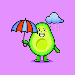 Cute cartoon avocado character in the rain and using an umbrella in 3d modern style design