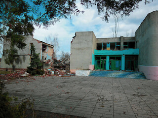 Destroyed building after bombardment by Russian planes