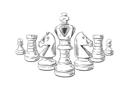 Chess pieces in sketch style. Chess club web background. Hand-drawn vector illustration. 