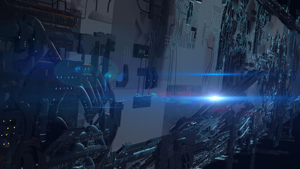 3d illustration - Model of alien sci-fi city with optical flares