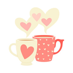 Valentines Day with Two Mug with Heart Shaped Steam Vector Illustration