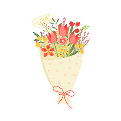 Wrapped Bouquet of Blooming Flowers as Gift for Valentines Day Vector Illustration