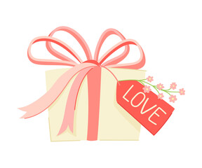 Gift Box with Bow and Tag for Valentine s Day Vector Illustration