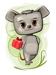 Baby Mouse carries a gift to a friend. Red box with ribbon and bow. Summer meadow with flowers. Childrens illustration. Happy kid animal. Cartoon style. Isolated on white background. Vector