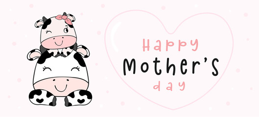 cute mother's day farm animal cartoon vector, mother cow hug baby daughter cow doodle outline banner