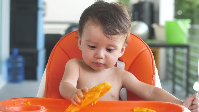 A small child, a vegetarian from birth, enjoys eating the pulp of a fresh mango, biting off a ripe fruit. Good development of the child on vegetables and fruits with a high content of vitamins.