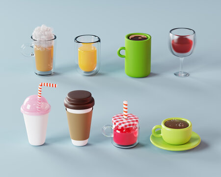 3d illustration set drinks. 3d rendering.