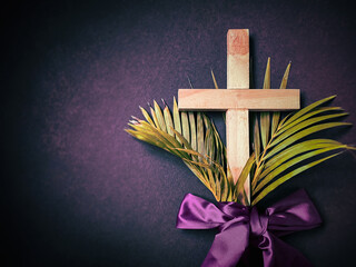 Lent Season,Holy Week and Good Friday concepts - image of wooden cross shaped with purple vintage...