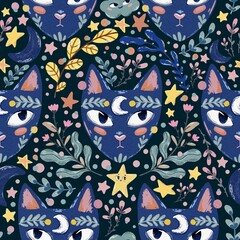 Hand Drawing Magical Cat cartoon seamless pattern. Set of leaves, moon, stars and cloud Witchcrafts. Use for postcard, poster, print, design, shop, textile, fabric.