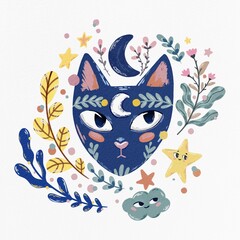 Hand Drawing Magical Cat cartoon illustration. Set of leaves, moon, stars and cloud Witchcrafts.Use for stickers, postcard, poster, print, design, shop, textile, fabric, children’s books.