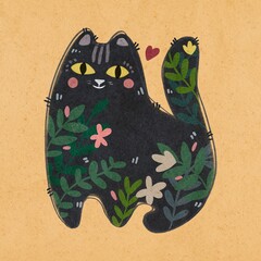Hand Drawing Marker Decorative Black Cat. Cartoon Illustration cat with Leaves and Flowers isolated on ora background. Use for poster, card, stickers, print, design, shop, packaging, pattern