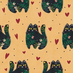 Hand Drawing Decorative Black Cat Seamless Pattern. Cartoon Illustration cat with Leaves and Flowers isolated on ohra background. Use for poster, card, print, design, shop, packaging, pattern