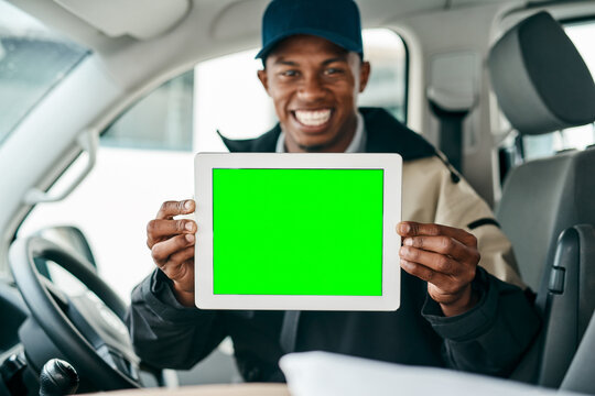 You can read through our numerous positive customer reviews online. Portrait of a courier holding a digital tablet with a chroma key screen inside a delivery van. - Powered by Adobe