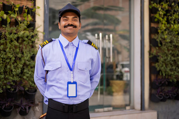 Portrait of security guard with hands behind back while working at gate