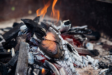 A brightly burning bonfire with a red flame made from wood in an outdoor grill.An adventurous...