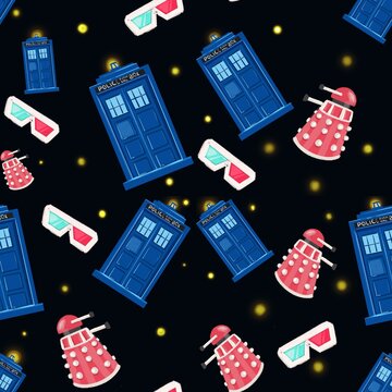 Seamless Pattern With Police Box On Black Background. Police Box. Tardis. Doctor Who Fan Art. 