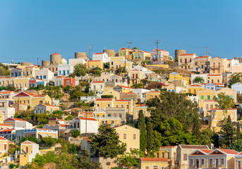Fototapeta na wymiar Symi town colorful houses, Dodecanese islands, Greece