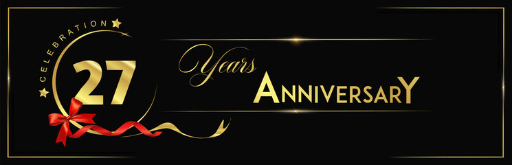 27 Years Anniversary Celebration Gold and Black Color Vector Template Design Illustration. anniversary celebration logotype with elegant modern number gold color for celebration, ribbon, luxury.