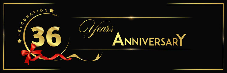 36 Years Anniversary Celebration Gold and Black Color Vector Template Design Illustration. anniversary celebration logotype with elegant modern number gold color for celebration, ribbon, luxury.